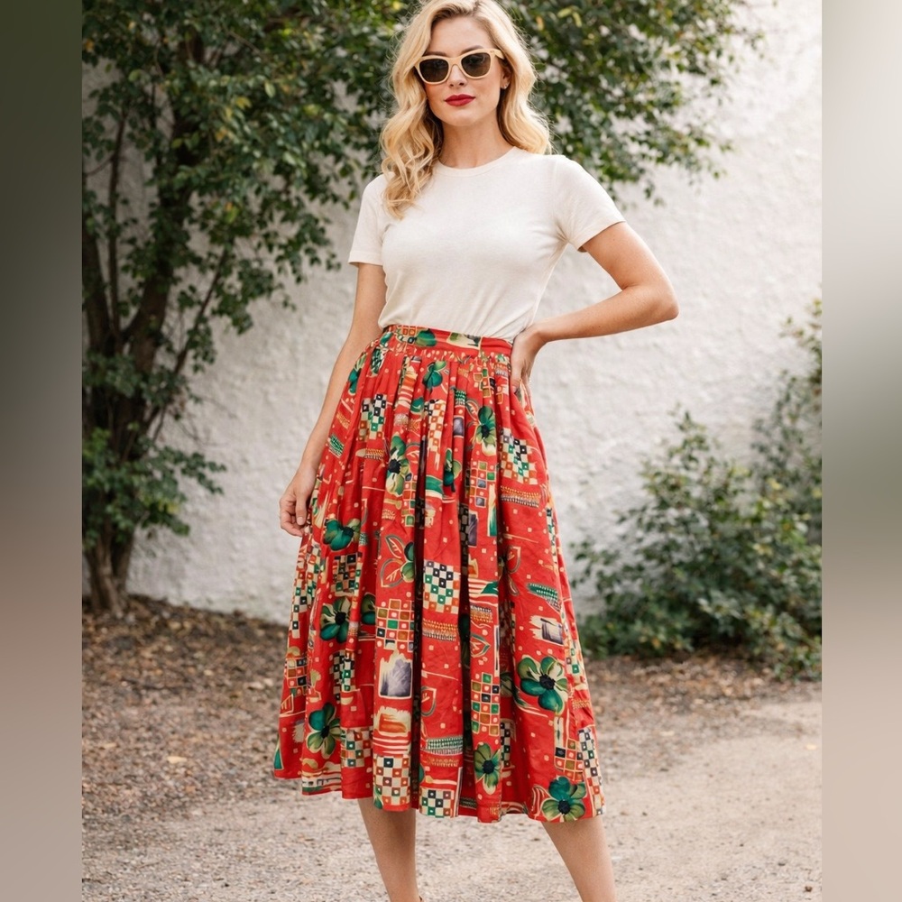 Vintage Skirt Size 18 Retro Floral Abstract Coral Cottagecore flowy resort wear